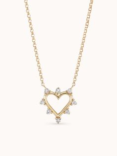 This intricate necklace serves as a daily reminder to approach life with an open heart! The Mini Heart is hand-cast from 14-karat gold and spiked with a border of white diamonds, providing extra strength to its carrier. A wonderful gift for yourself or a loved one, whether to mark an occasion or just because. 14K Yellow Gold White DiamondsPendant Length: 0.5 " / 1.3cm  *Made, with love, in Manhattan. Open Heart Necklace, 14k Yellow Gold Necklace, Yellow Gold Necklace, Spring Makeup, Cap Fashion, Funky Jewelry, And Just Like That, Mini Heart, Open Heart