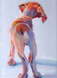 a painting of a dog standing on the ground with it's head turned to the side