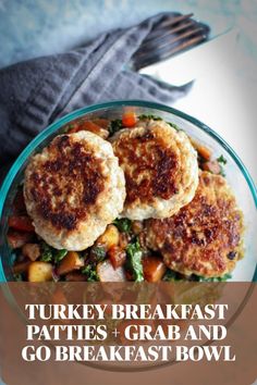 turkey breakfast patties and gravy on a plate with a fork next to it