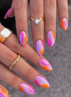 Round Shaped Nails Designs, Colored Ombre Nails Acrylic, Oval Nails Colorful, Vibrant Nails Summer 2024, Almond Nails Color Ideas, Simple Bright Nails, Nail Designs Bright Colors, Bright Color Nail Designs, Colorful Nails Almond