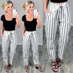 Amanda is 5'3, size 3, 32DD, and wearing a Small. Tie Pants, Sorority Outfits, Small Crop Tops, Easter Dress, Cute Style, Comfy Fashion, Striped Tie, Spring Style, Outfit Goals