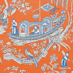 an orange background with blue and white designs on the bottom, depicting people in a boat