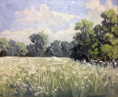 a painting of grass and trees on a sunny day