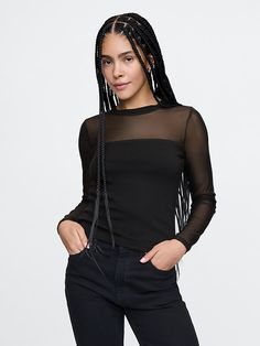 Modern Mesh Top Black Mesh Top Outfit, Mesh Top Outfit, Black Mesh Top, Winter Capsule, Black Sheer Top, Winter Capsule Wardrobe, Mesh Sleeves, Material Girls, Sheer Sleeves