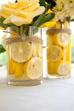 lemons and roses in mason jars with twine