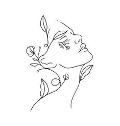 a black and white drawing of a woman's face with flowers in her hair