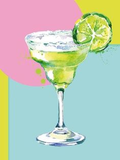 a painting of a margarita with a slice of lime on the rim in front of a multicolored background