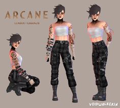 the female character is dressed in black and white plaid pants with tattoos on her arms