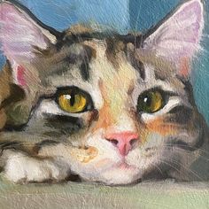 a painting of a cat with yellow eyes