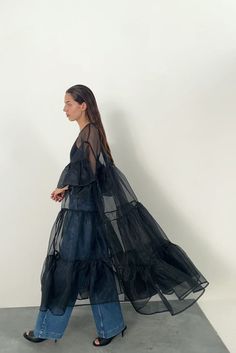 Sheer Dresses Outfit, Oversized Maxi Dress, Slow Clothing, Dress Layering, Organza Sleeves, Ruffle Maxi Dress, Organza Dress, Maxi Dress Black, Collage Illustration