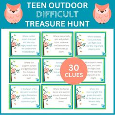 the ten outdoor difficult treasure hunt is shown in blue and green with owls on it