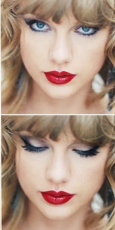 two pictures of a woman with blue eyes and red lipstick