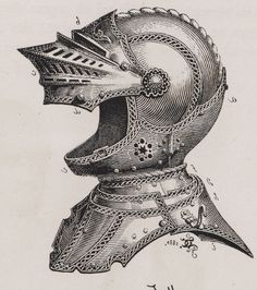 an old drawing of a helmet with intricate details on it's face and neck