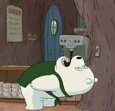 a cartoon character leaning against a tree in front of a coffee pot on the ground