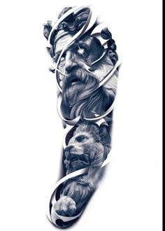 an artistic tattoo design on the arm of a man with long hair and beards