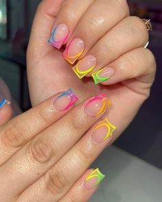 Small Nails Design Summer, Negative Space French Tip Nails, Colorful Tip Nails Acrylic, Overlay Design Nails, Clear Nails With Colored Tips, Short Creative Nails, Fun French Tip Nail Designs, Carnival Nails Designs, Unique French Tips