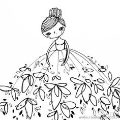 a black and white drawing of a girl in a dress with leaves on the ground