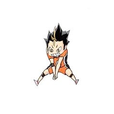 an anime character with black hair and orange shorts, sitting on one leg in the air