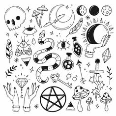 a black and white drawing of various items in the shape of a circle with stars, moon