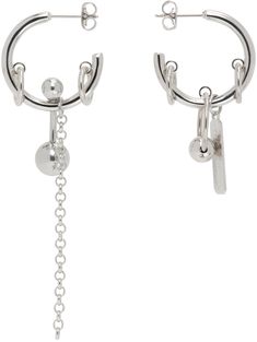 Pair of handcrafted mismatched drop earrings in palladium-plated brass. · Charms and rolo chain at drop · Sliding charm at drop · Post-stud fastening · H3 x W0.75; H1.75 x W0.75 Supplier color: Palladium Modern Sterling Silver Jewelry With Dangling Charms, Modern Silver Jewelry With Dangling Charms, Modern Sterling Silver Earrings With Dangling Charms, Silver Drop Earrings With Adjustable Chain, Justine Clenquet, Brass Charms, Rolo Chain, Apparel Accessories, Charms