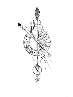 a black and white drawing of a clock with an arrow on it's side