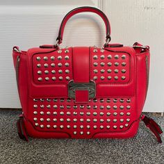 Rebecca Minkoff Studded Leather Handbag *Like New* Barley Used Red/Coral Color Comes With Shoulder Strap 1 Interior Pocket Comes With Drawstring Bag Studded Bag, Karlie Kloss, Rebecca Minkoff Bag, Celine Luggage Bag, Studded Leather, Coach Swagger Bag, Bags Mini, Mini Bags, Red Coral