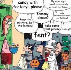 a cartoon with two people talking to each other and one is holding a candy bag