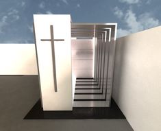 an open door leading to a cross in the middle of a room with black and white flooring