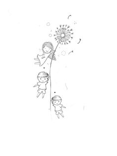 a drawing of two children on a dandelion