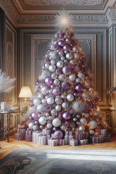 a decorated christmas tree with purple and silver ornaments