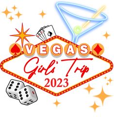 las vegas girls trip logo with dices and stars in the background on a white background