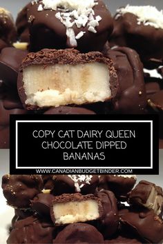 a close up of many desserts on a plate with the words copy cat dairy queen chocolate dipped bananas