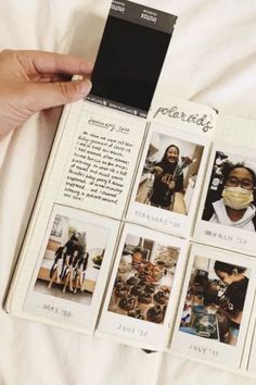 someone is holding up an open book with photos on it and the pages have been altered to look like polaroids