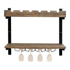 a wooden shelf with wine glasses hanging from it's sides and three wine glasses on the bottom