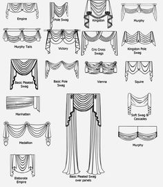 some different types of drapes and valance styles for curtains, draperies, and more