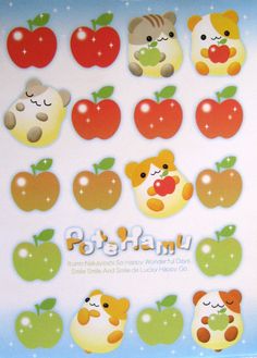 an assortment of stickers with apples, bears and teddy bears in different colors on them