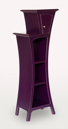 a tall purple shelf with two shelves on each side and an open door at the top