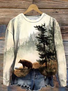 Multicolor Tops For Outdoor Fall Season, Multicolor Long Sleeve Top For Outdoor, Fall Long Sleeve Tops With All Over Print, Casual Long Sleeve Sweater With Bear Print, Long Sleeve Cotton Tops With Bear Print, Winter Long Sleeve Tops With All Over Print, Fall Bear Print Crew Neck Top, Bear Print Crew Neck Top For Fall, Casual Bear Print Tops For Fall