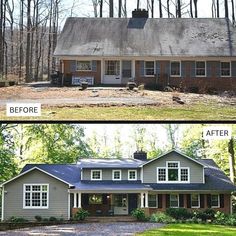 before and after pictures of a house in the woods