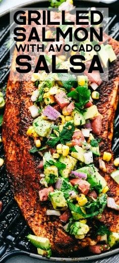 grilled salmon with avocado salsa on the grill and text overlay reads grilled salmon with avocado salsa