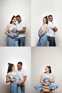 four different shots of a man and woman hugging each other