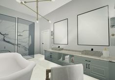 a large bathroom with marble counter tops and gray cabinetry, along with two white bath tubs