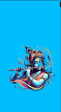 an artistic painting of a woman playing the flute on a blue background with swirls