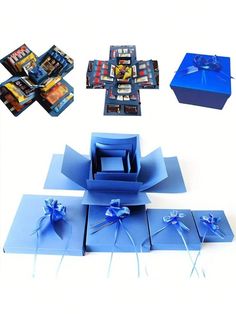 an assortment of blue gift boxes with ribbons and bows on them, including one box