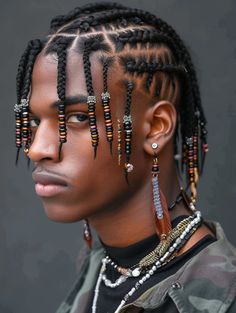 Creative cornrows that incorporate a fade and beads offer a personalized touch, perfect for those who enjoy standing out. This style is adaptable to all face shapes and brings an artistic flair to any casual or special occasion outfit. African Men Hairstyles, Creative Cornrows, Black Men Cornrows, Twist Hair Men, Cornrows With Beads, Men Cornrows, Cornrow Hairstyles For Men