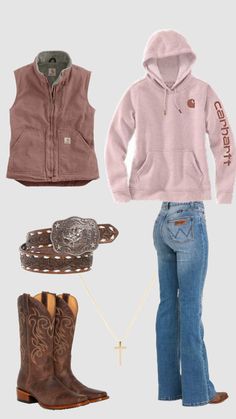 Outfit Ideas Country Girl, Western Women’s Outfits, Casual Camo Outfits, Jean Jacket Outfits Western, Carhartt Women Outfits Hoodie, Country Fall Outfits Women, Ariat Vest Woman Outfit, Vaquera Fall Outfit