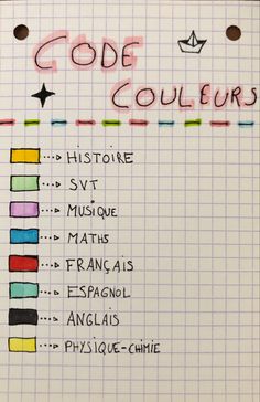 a piece of paper with writing on it that says code couleurs in different colors