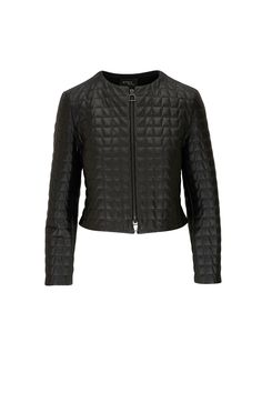 Akris - Pippa Black Quilted Leather Jacket | Mitchell Stores Elegant Leather Biker Jacket For Spring, Classic Long Sleeve Leather Jacket For Evening, Elegant Leather Jacket With Zip Fly, Leather Biker Jacket With Long Sleeves For Office, Luxury Quilted Fitted Leather Jacket, Leather Biker Jacket For Office, Spring Evening Leather Jacket, Chic Formal Leather Jacket With Zipper Closure, Luxury Fitted Quilted Leather Jacket