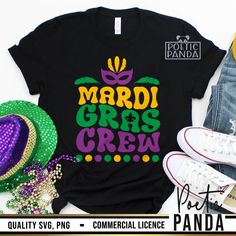 mardi gras crew t - shirt design with hat, sunglasses and other items