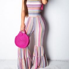 Cute Classy Romper To Wear Out To Different Events Bohemian Rompers, Bell Bottom Jumpsuits, Cold Shoulder Jumpsuit, Tube Jumpsuit, Flare Jumpsuit, Striped Jumpsuit, Orange Fashion, Bell Bottom, Color Rosa